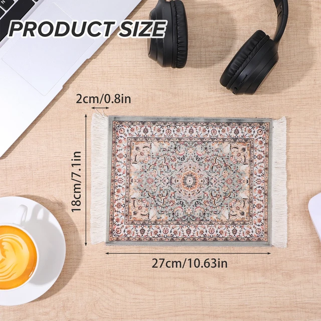 Alt view image 2 of 7 - Persian Rug Mouse Pad - Vintage Bohemian Carpet Style Desk Mat with Fringed Edges, Non-Slip Rubber Base, Aesthetic Table Decor for Home & Office