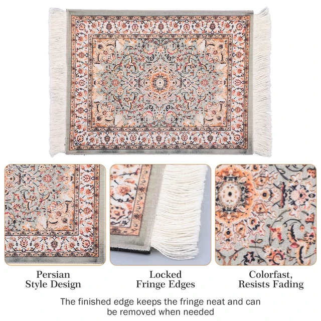 Alt view image 7 of 7 - Persian Rug Mouse Pad - Vintage Bohemian Carpet Style Desk Mat with Fringed Edges, Non-Slip Rubber Base, Aesthetic Table Decor for Home & Office