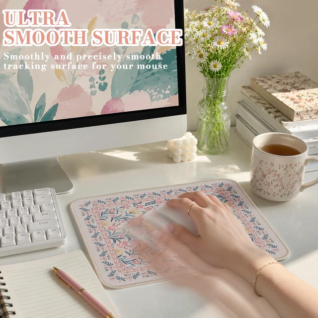 Alt view image 3 of 7 - Aesthetic Small Mouse Pad, 9.5x7.9in,Home Office, Pink Floral | Pink Mini Portable Travel Mousepad, Anti-Slip and Comfortable Cloth Mouse Mat with Stitched Edges for Computer