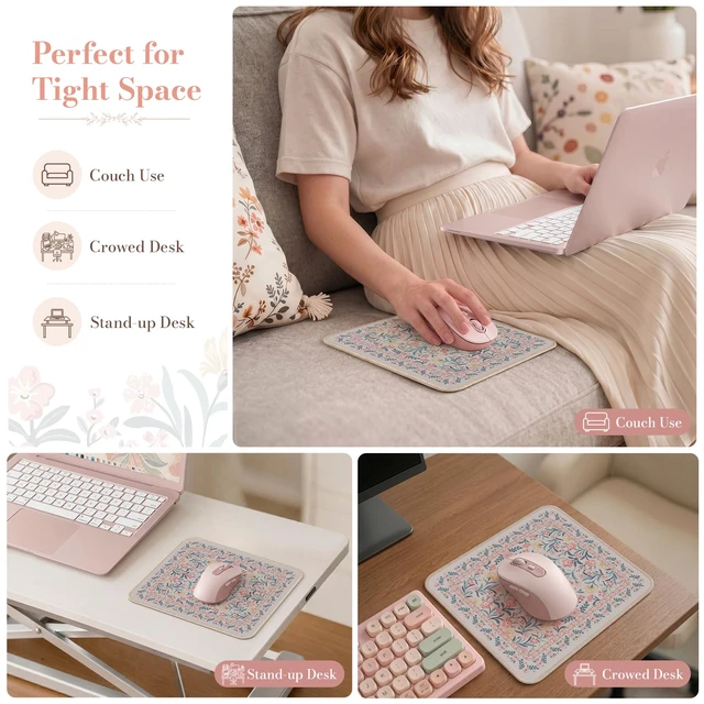 Alt view image 7 of 7 - Aesthetic Small Mouse Pad, 9.5x7.9in,Home Office, Pink Floral | Pink Mini Portable Travel Mousepad, Anti-Slip and Comfortable Cloth Mouse Mat with Stitched Edges for Computer