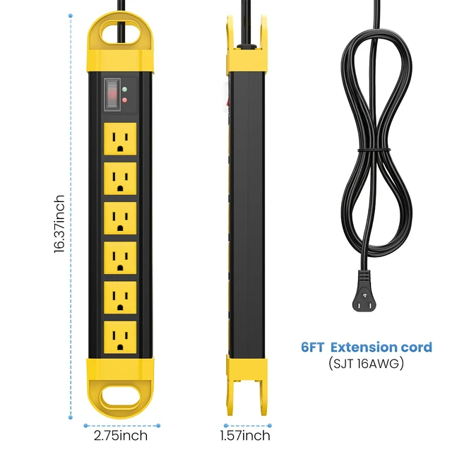 Alt view image 2 of 7 - Outdoor Power Strip Weatherproof, 2700J Surge Protector, Yellow 6Ft | IPX6 Waterproof 6 Plug Extender Port, Exterior Long Extension Cord with Multiple Outlets for Garden, Christmas Decor