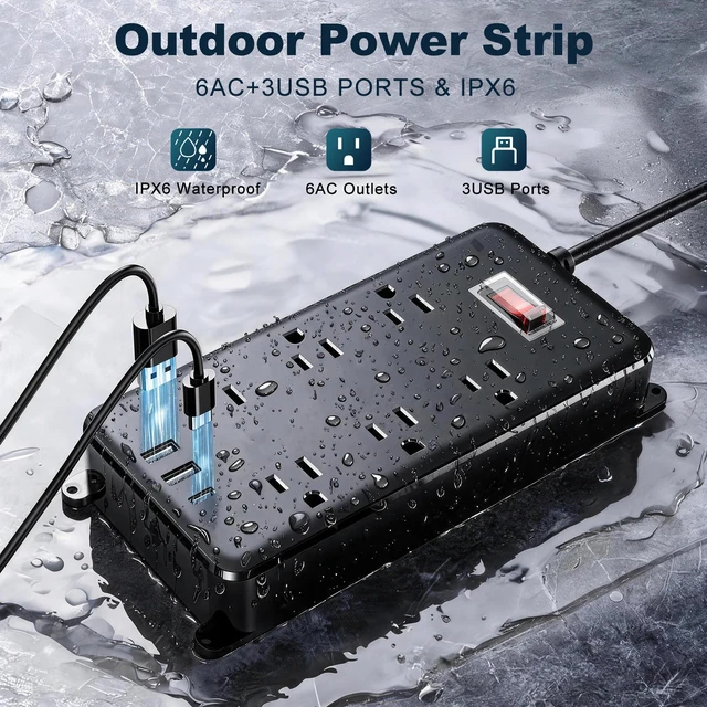 Alt view image 2 of 7 - Outdoor Power Strip Weatherproof, 6FT Outdoor Extension Cord - 6 Outlets -Waterproof Surge Protector, Shockproof Overload Protection Electrical Outlet for Home/Outdoor Patio, Christmas Lights (6FT)