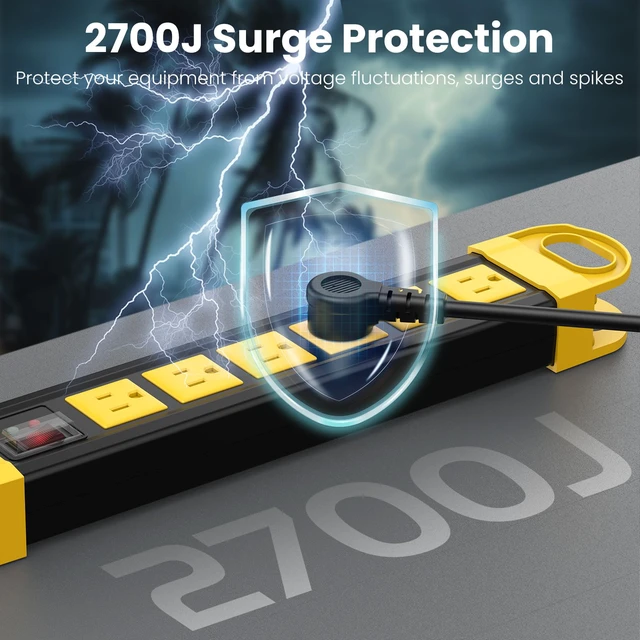 Alt view image 4 of 7 - Outdoor Power Strip Weatherproof, 2700J Surge Protector, Yellow 6Ft | IPX6 Waterproof 6 Plug Extender Port, Exterior Long Extension Cord with Multiple Outlets for Garden, Christmas Decor