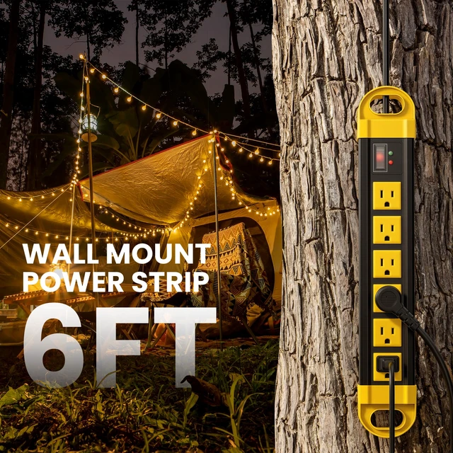Alt view image 5 of 7 - Outdoor Power Strip Weatherproof, 2700J Surge Protector, Yellow 6Ft | IPX6 Waterproof 6 Plug Extender Port, Exterior Long Extension Cord with Multiple Outlets for Garden, Christmas Decor