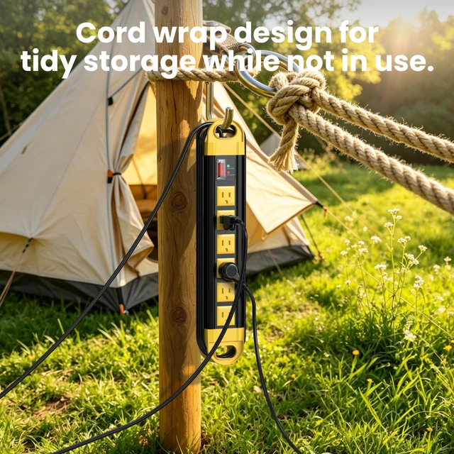 Alt view image 6 of 7 - Outdoor Power Strip Weatherproof, 2700J Surge Protector, Yellow 6Ft | IPX6 Waterproof 6 Plug Extender Port, Exterior Long Extension Cord with Multiple Outlets for Garden, Christmas Decor