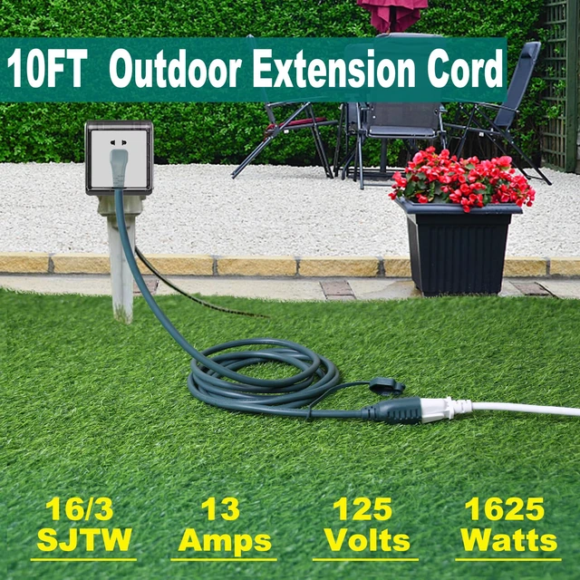 Alt view image 2 of 7 - 10FT Green Outdoor Extension Cable for Outdoor Use - 90 Degree Flat Plug 3Prong Extension Cord, SJTW External 16AWG Waterproof Garden Extension Lead,Rating for 125V 13A 1625W for Outdoor Lights