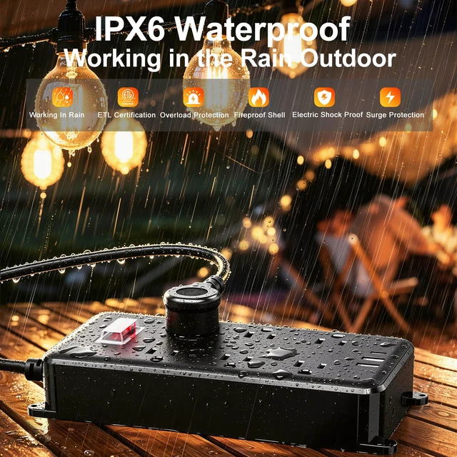 Alt view image 3 of 7 - Outdoor Power Strip Weatherproof, 6FT Outdoor Extension Cord - 6 Outlets -Waterproof Surge Protector, Shockproof Overload Protection Electrical Outlet for Home/Outdoor Patio, Christmas Lights (6FT)