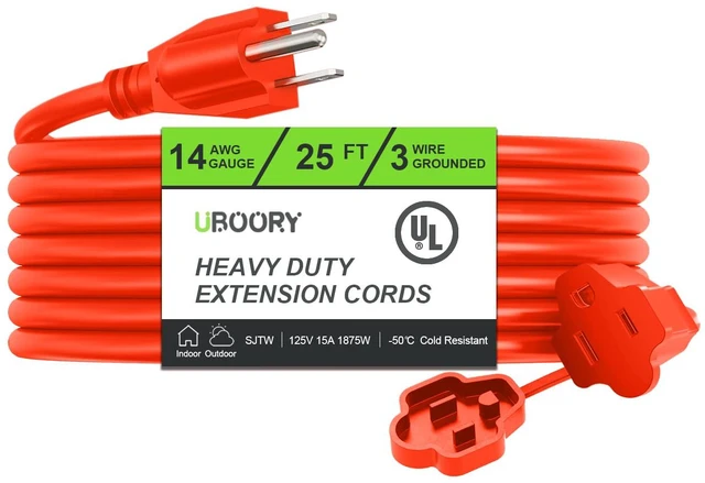 Main image of Outdoor Extension Cord Waterproof 25 FT, Orange 14/3 SJTW Heavy Duty, Flexible 100% Copper 3 Prong Extension Cord for Lawn, Garage,UL Listed