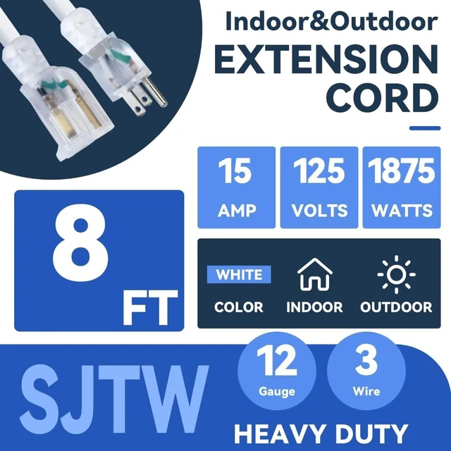 Alt view image 2 of 7 - Indoor Outdoor Extension Cord, 12 Gauge 3 Prong Weatherproof Heavy Duty White Extension Cord with Lighted Indicator End, SJTW 15A 8 FT Extension Cable for Garage, Garden and Home, UL Listed