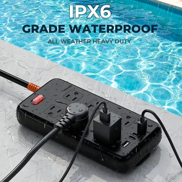 Alt view image 2 of 7 - Outdoor Power Strip Weatherproof, 6FT Extension Cord with 6 AC & 4 USB | 1625W/13A, 2USB A&2USB C, IPX6 Waterproof, Electric Shockproof & Overload Protection, Wall Mountable for Indoor and Outdoor