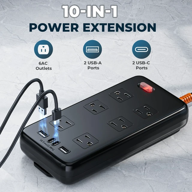 Alt view image 5 of 7 - Outdoor Power Strip Weatherproof, 6FT Extension Cord with 6 AC & 4 USB | 1625W/13A, 2USB A&2USB C, IPX6 Waterproof, Electric Shockproof & Overload Protection, Wall Mountable for Indoor and Outdoor