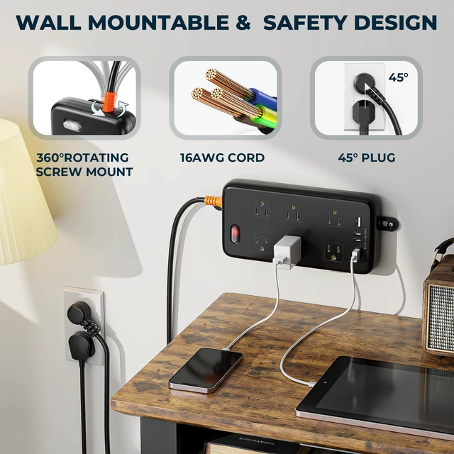 Alt view image 7 of 7 - Outdoor Power Strip Weatherproof, 6FT Extension Cord with 6 AC & 4 USB | 1625W/13A, 2USB A&2USB C, IPX6 Waterproof, Electric Shockproof & Overload Protection, Wall Mountable for Indoor and Outdoor