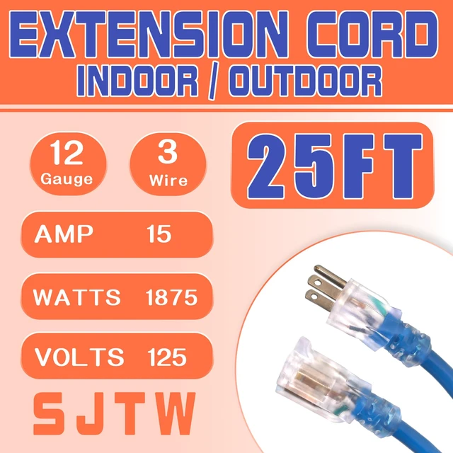 Alt view image 2 of 7 - Outdoor Extension Cord with Lighted End, 12 Gauge Heavy Duty 25 FT, 3 Prong Grounded 15 Amp Extension Cord, 12/3 SJTW Waterproof Power Cord for Appliance, UL Listed, Blue
