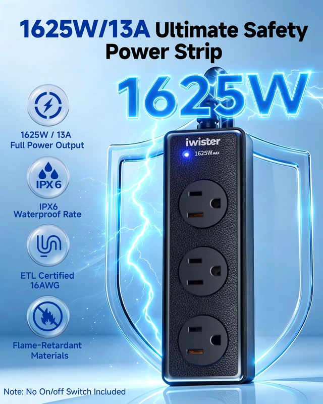 Alt view image 2 of 7 - Outdoor Power Strip Weatherproof, 5FT Extension Cord, 3 AC Outlets | 1625W/13A,IPX6 Waterproof Extension Cord for Backyard, Patio, Home Office, Garage, Workshop, Camping,Pool, Wall Mountable