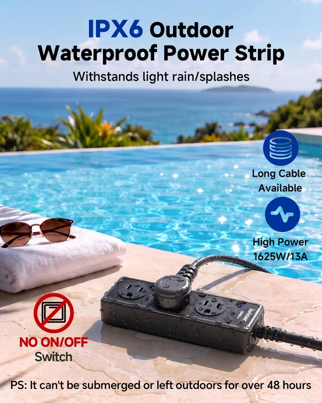 Alt view image 3 of 7 - Outdoor Power Strip Weatherproof, 5FT Extension Cord, 3 AC Outlets | 1625W/13A,IPX6 Waterproof Extension Cord for Backyard, Patio, Home Office, Garage, Workshop, Camping,Pool, Wall Mountable