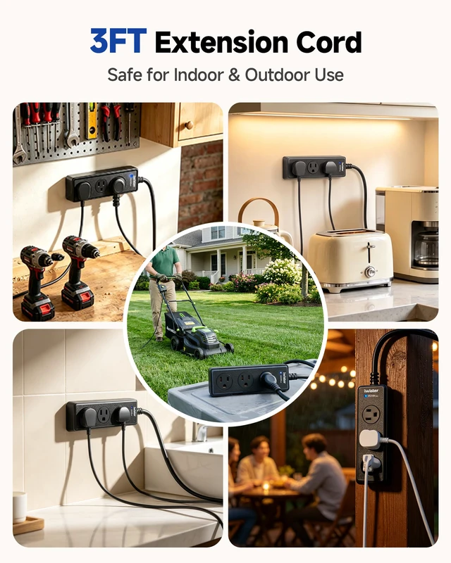 Alt view image 4 of 7 - Outdoor Power Strip Weatherproof, 3FT Extension Cord, 3 AC Outlets | 1625W/13A,IPX6 Waterproof Extension Cord for Backyard, Patio, Home Office, Garage, Workshop, Camping,Pool, Wall Mountable