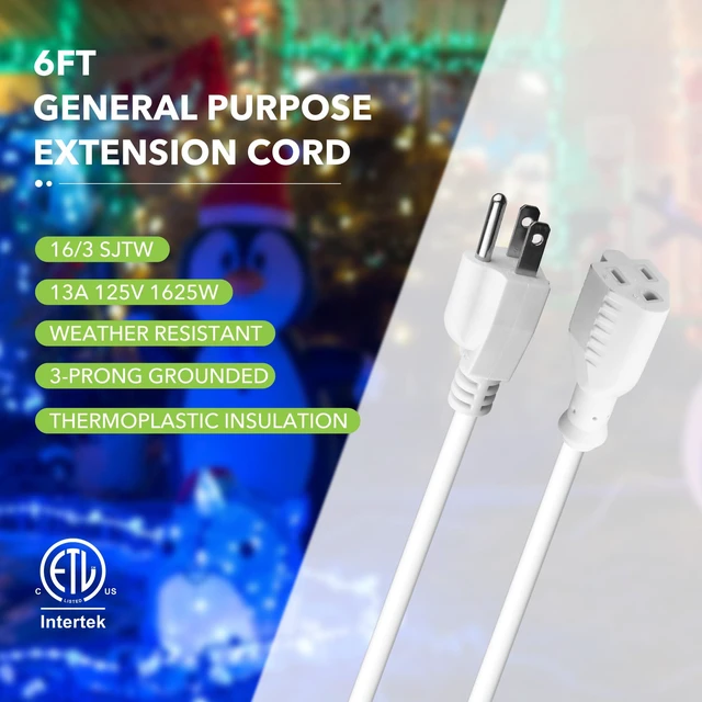 Alt view image 4 of 7 - 6ft White Outdoor Extension Cord 16/3 SJTW, 2 Pack, 3-Prong, Weather Resistant & Flame Retardant, for Indoor, Garden, Landscaping & Holiday Decorations, ETL