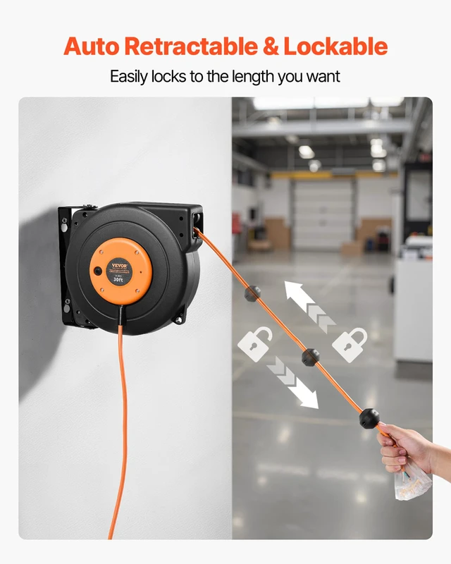 Alt view image 5 of 7 - 30FT Retractable Extension Cord Reel, Heavy Duty 16AWG/3C SJTOW Cord | 10A Circuit Breaker, with Lighted Triple Tap Outlet, 180° Swivel Bracket, Ceiling or Wall Mount for Garage, Workshop, Orange
