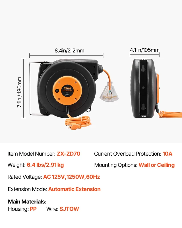 Alt view image 7 of 7 - 30FT Retractable Extension Cord Reel, Heavy Duty 16AWG/3C SJTOW Cord | 10A Circuit Breaker, with Lighted Triple Tap Outlet, 180° Swivel Bracket, Ceiling or Wall Mount for Garage, Workshop, Orange