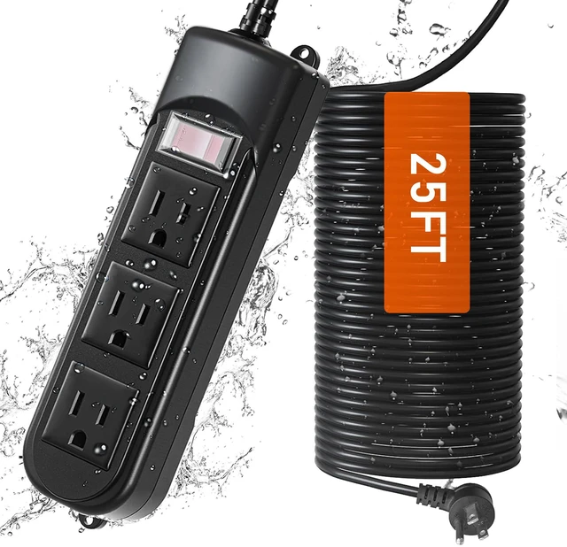 Main image of Outdoor Power Strip Weatherproof, 25FT Heavy Duty Outdoor Extension Cord with 3 Outlets, Overload Protection, IPX4 Waterproof, Surge Protector for Kitchen, Bathroom, Patio (25FT-Black)