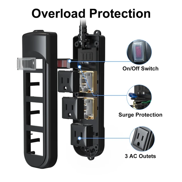 Alt view image 4 of 6 - Outdoor Power Strip Weatherproof, 25FT Heavy Duty Outdoor Extension Cord with 3 Outlets, Overload Protection, IPX4 Waterproof, Surge Protector for Kitchen, Bathroom, Patio (25FT-Black)