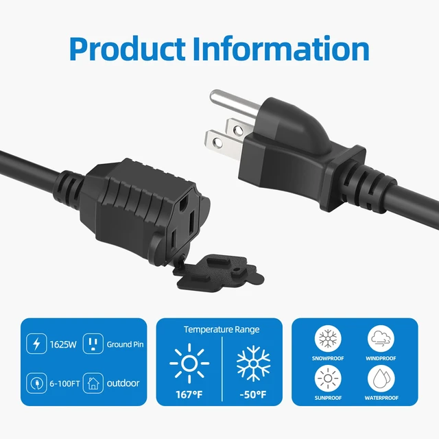Alt view image 3 of 7 - 50FT Outdoor Extension Cord Waterproof, 16/3 Gauge Heavy Duty Power Cord for Lawn and Garden,10A /1250W,ETL Listed