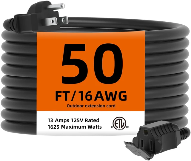 Main image of 50FT Outdoor Extension Cord Waterproof, 16/3 Gauge Heavy Duty Power Cord for Lawn and Garden,10A /1250W,ETL Listed