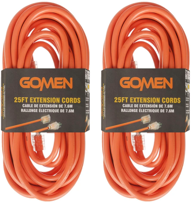 Main image of 16 Gauge Extension Cord 25 ft with Lighted End - 16/3 SJTW Outdoor/Indoor Heavy Duty, 3 Prong Plug, Orange Weather Resistant Jacket, Applicable to Major Tools and Appliances, 2 Pack