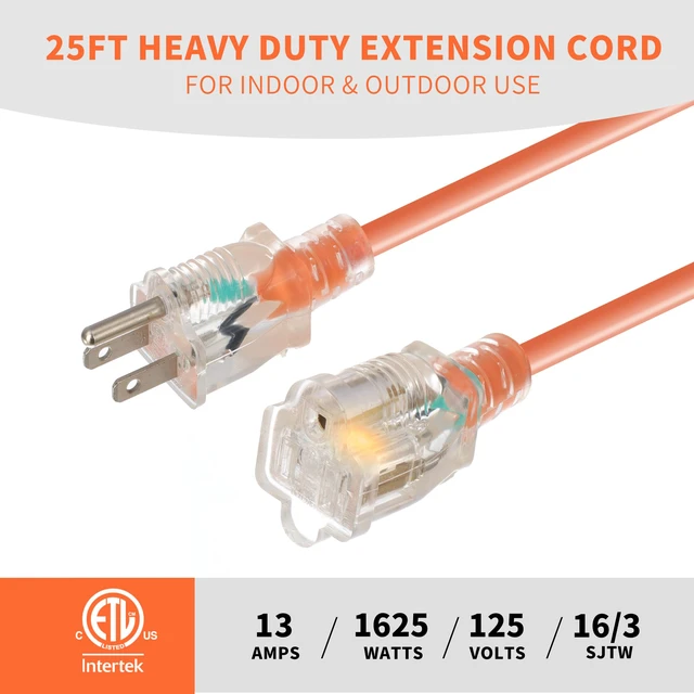 Alt view image 2 of 7 - 16 Gauge Extension Cord 25 ft with Lighted End - 16/3 SJTW Outdoor/Indoor Heavy Duty, 3 Prong Plug, Orange Weather Resistant Jacket, Applicable to Major Tools and Appliances, 2 Pack