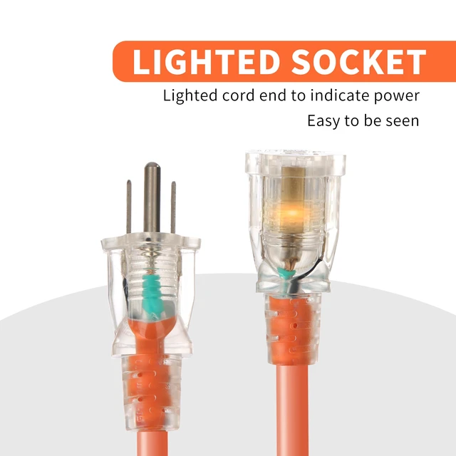 Alt view image 3 of 7 - 16 Gauge Extension Cord 25 ft with Lighted End - 16/3 SJTW Outdoor/Indoor Heavy Duty, 3 Prong Plug, Orange Weather Resistant Jacket, Applicable to Major Tools and Appliances, 2 Pack