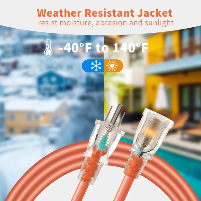 Alt view image 6 of 7 - 16 Gauge Extension Cord 25 ft with Lighted End - 16/3 SJTW Outdoor/Indoor Heavy Duty, 3 Prong Plug, Orange Weather Resistant Jacket, Applicable to Major Tools and Appliances, 2 Pack
