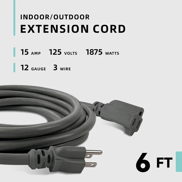Alt view image 2 of 7 - 6 ft Outdoor Extension Cord Waterproof, 12/3 Heavy Duty Extension Cable with 3 Prong Grounded Plug for Safety, 12AWG 15Amp 1875W Great for Garden, Major Appliances, Grey