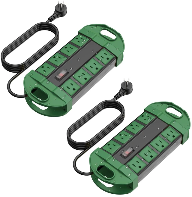 Main image of 2 Outdoor Power Strips Weatherproof with 8 Plug, Waterproof Extension Cord with Multiple Outlets, Christmas Exterior Garden Yard Surge Protector 6FT, Green.