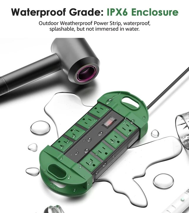 Alt view image 2 of 7 - 2 Outdoor Power Strips Weatherproof with 8 Plug, Waterproof Extension Cord with Multiple Outlets, Christmas Exterior Garden Yard Surge Protector 6FT, Green.