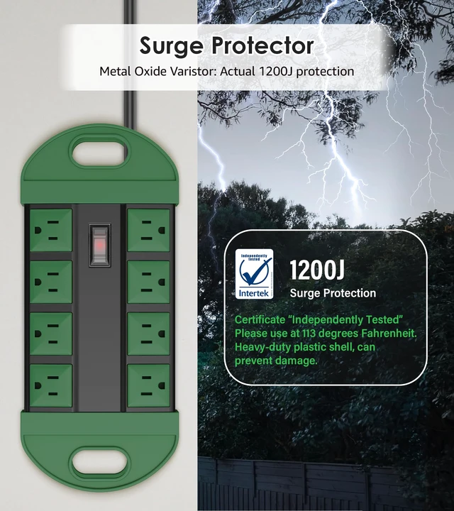 Alt view image 3 of 7 - 2 Outdoor Power Strips Weatherproof with 8 Plug, Waterproof Extension Cord with Multiple Outlets, Christmas Exterior Garden Yard Surge Protector 6FT, Green.