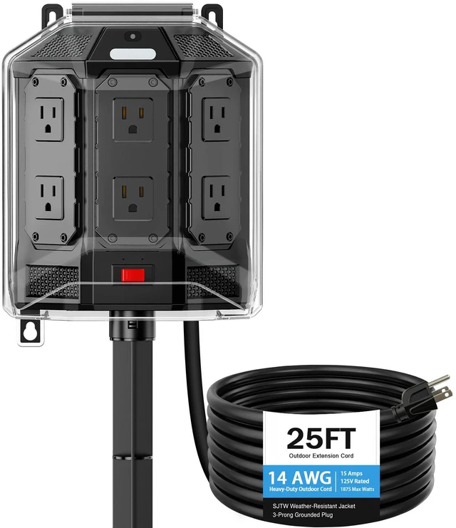 Main image of 25FT Outdoor Power Stake with Weatherproof Full-Cover Design | 6 grounded outlets, 14AWG cord, overload protection, stake mount & night light for outdoor power access