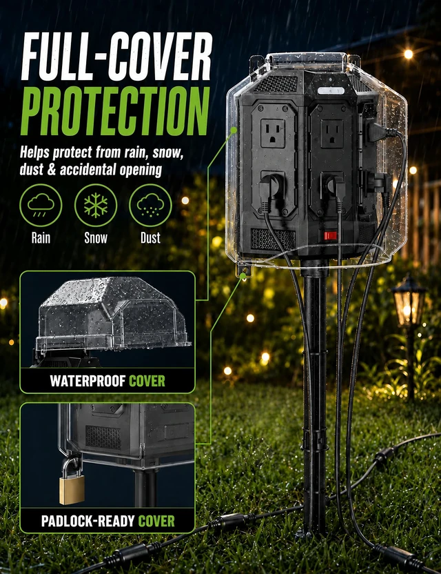 Alt view image 2 of 7 - 25FT Outdoor Power Stake with Weatherproof Full-Cover Design | 6 grounded outlets, 14AWG cord, overload protection, stake mount & night light for outdoor power access