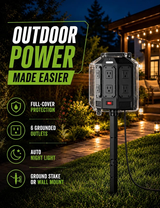 Alt view image 3 of 7 - 25FT Outdoor Power Stake with Weatherproof Full-Cover Design | 6 grounded outlets, 14AWG cord, overload protection, stake mount & night light for outdoor power access
