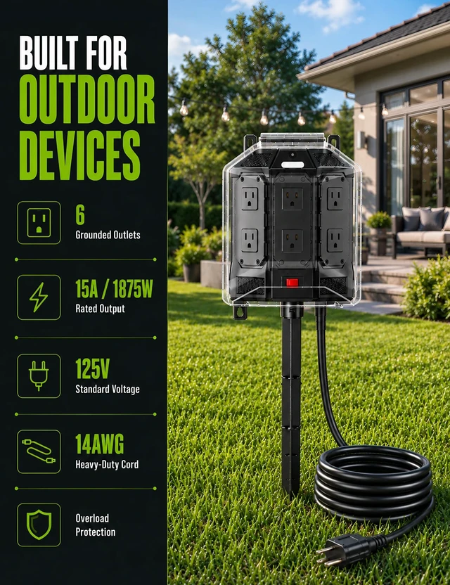 Alt view image 5 of 7 - 25FT Outdoor Power Stake with Weatherproof Full-Cover Design | 6 grounded outlets, 14AWG cord, overload protection, stake mount & night light for outdoor power access