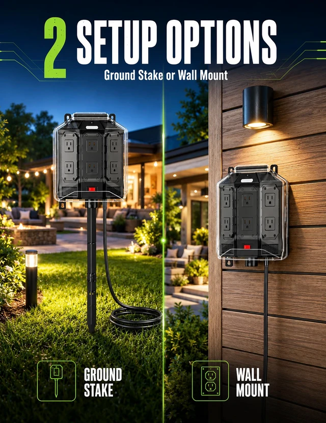 Alt view image 4 of 7 - 25FT Outdoor Power Stake with Weatherproof Full-Cover Design | 6 grounded outlets, 14AWG cord, overload protection, stake mount & night light for outdoor power access