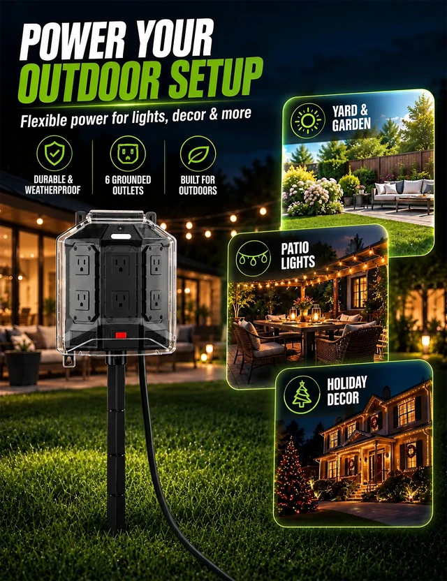 Alt view image 7 of 7 - 25FT Outdoor Power Stake with Weatherproof Full-Cover Design | 6 grounded outlets, 14AWG cord, overload protection, stake mount & night light for outdoor power access