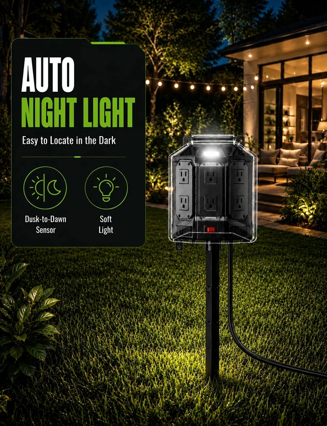 Alt view image 6 of 7 - 25FT Outdoor Power Stake with Weatherproof Full-Cover Design | 6 grounded outlets, 14AWG cord, overload protection, stake mount & night light for outdoor power access
