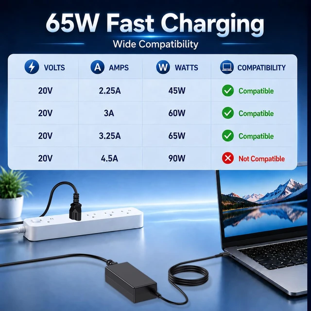 Alt view image 3 of 7 - 65W USB C Laptop Charger for HP Dell Lenovo Acer, Google Chromebook Charger | Type C Power Adapter for ThinkPad, Yoga, Spectre x360, Latitude, XPS & Acer Spin; Cord for Home, Office, School & Travel