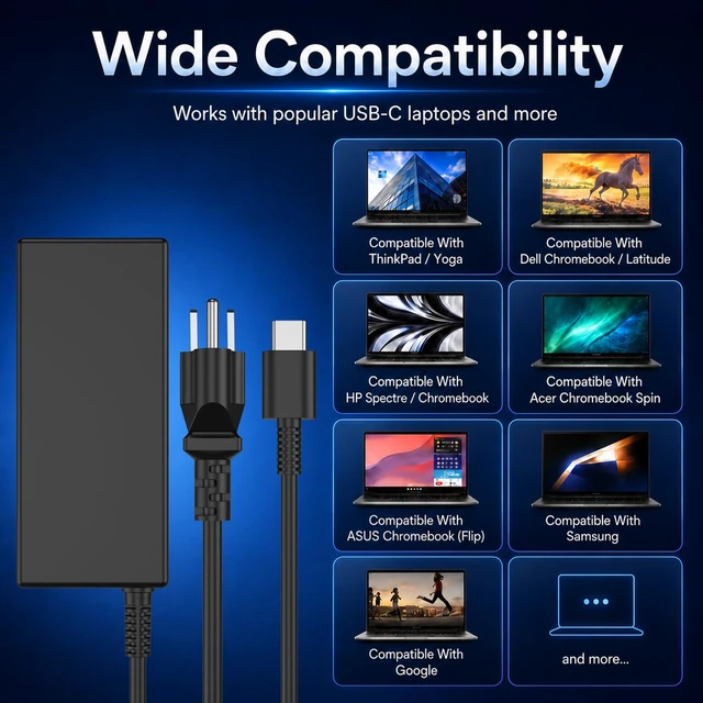 Alt view image 4 of 7 - 65W USB C Laptop Charger for HP Dell Lenovo Acer, Google Chromebook Charger | Type C Power Adapter for ThinkPad, Yoga, Spectre x360, Latitude, XPS & Acer Spin; Cord for Home, Office, School & Travel
