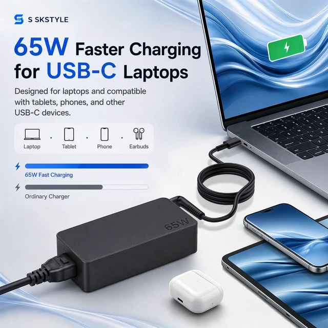Alt view image 2 of 7 - 65W USB C Laptop Charger, Type C Power Adapter Replacement for HP, Dell & Google Chromebook, PC Charger Cord for Lenovo ThinkPad Yoga, Samsung, Acer Spin, Fast Charging Supply Brick Wire