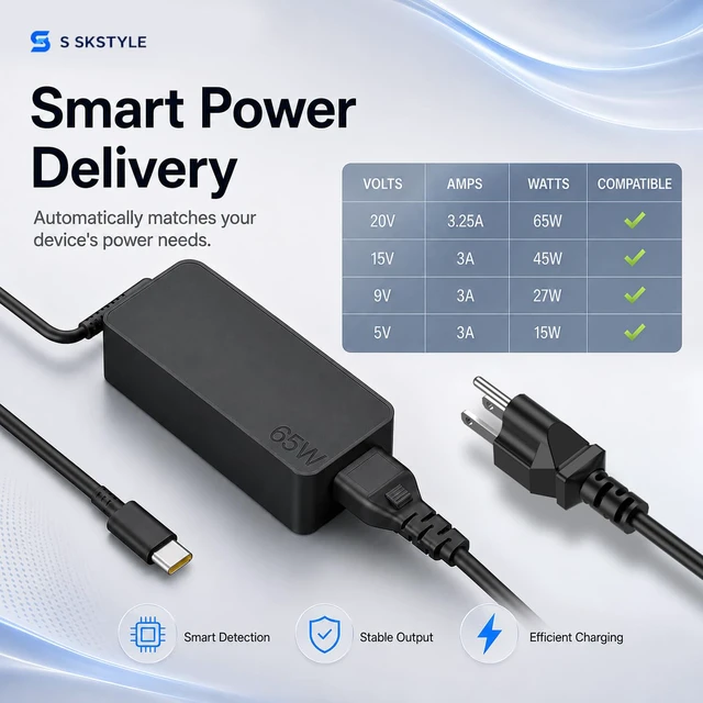 Alt view image 3 of 7 - 65W USB C Laptop Charger, Type C Power Adapter Replacement for HP, Dell & Google Chromebook, PC Charger Cord for Lenovo ThinkPad Yoga, Samsung, Acer Spin, Fast Charging Supply Brick Wire