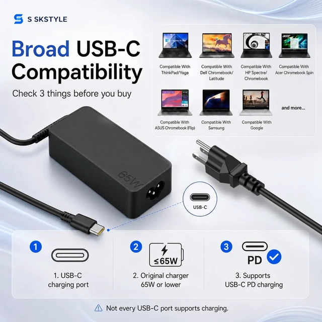 Alt view image 4 of 7 - 65W USB C Laptop Charger, Type C Power Adapter Replacement for HP, Dell & Google Chromebook, PC Charger Cord for Lenovo ThinkPad Yoga, Samsung, Acer Spin, Fast Charging Supply Brick Wire