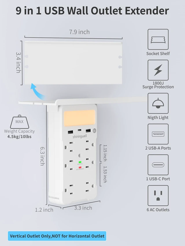 Alt view image 2 of 7 - Wall Outlet Extender, Surge Protector, with Shelf & Night Light, White | Wide-Spaced Outlet Splitter, 3 USB Charging Ports (2A+1C), Multi Plug Wall Outlet Expander with Shelf & Storage for Home Dorm