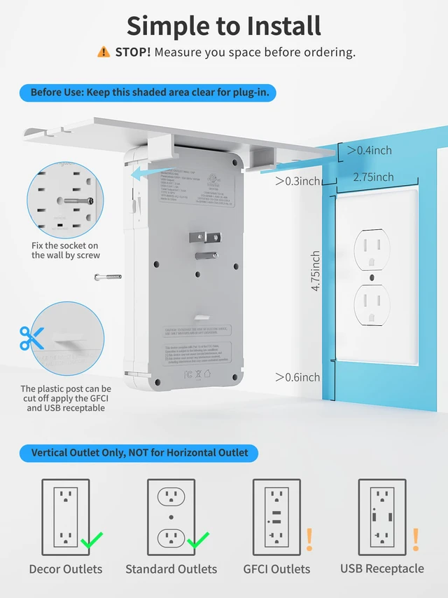 Alt view image 3 of 7 - Wall Outlet Extender, Surge Protector, with Shelf & Night Light, White | Wide-Spaced Outlet Splitter, 3 USB Charging Ports (2A+1C), Multi Plug Wall Outlet Expander with Shelf & Storage for Home Dorm