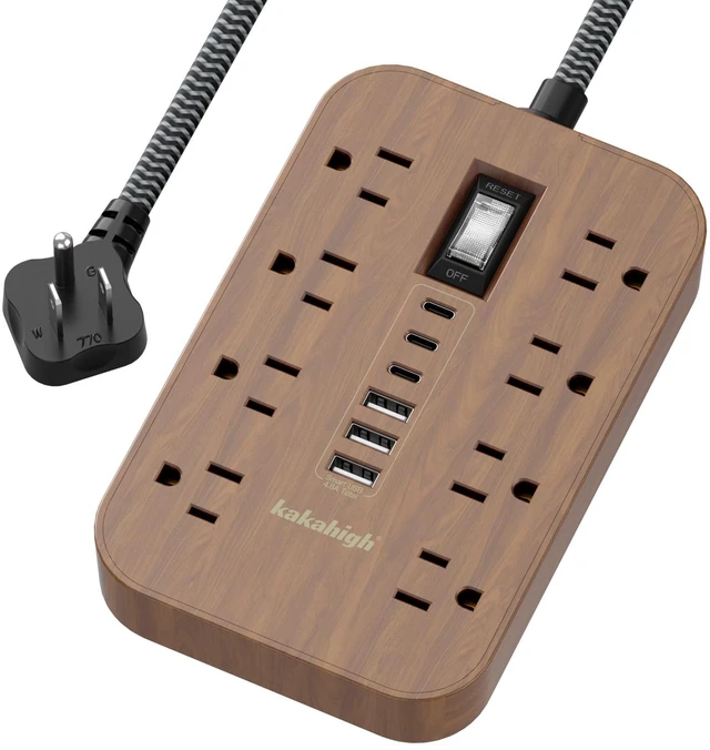 Main image of Walnut Power Strip with USB Ports - 5 FT | 1625W Wood Power Strip with 8 AC Outlet 6 USB, For Brown Tan Wood Walnut Grain Aesthetic Vintage Rustic Desk Decor